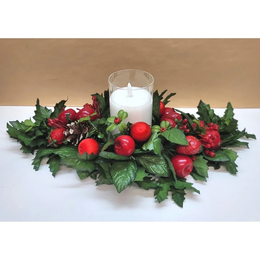 Vtg Christmas Faux Floral Candle Centerpiece Holly Pinecones/Apple/Strawberries